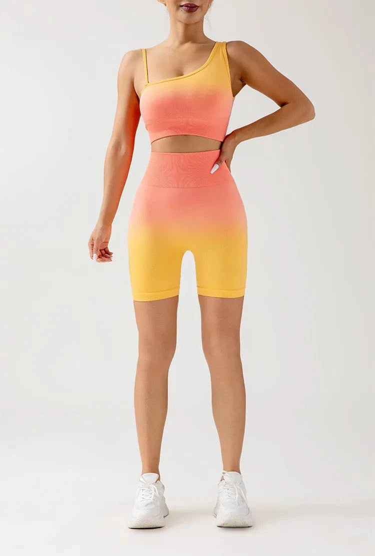 M / Yellow pink 2024 2 Pcs Seamless Gradient Yoga Suit Workout Sports Bra + High Waist Shorts Gym Sport Set Fashion Shorts Sets Female