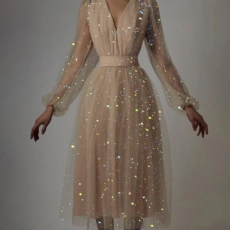 M / Yellow Summer V-neck Lantern Long Sleeve Women Dresses Sequined Mesh Tulle  Knee-high Clothing Lady Elegant Evening Dress