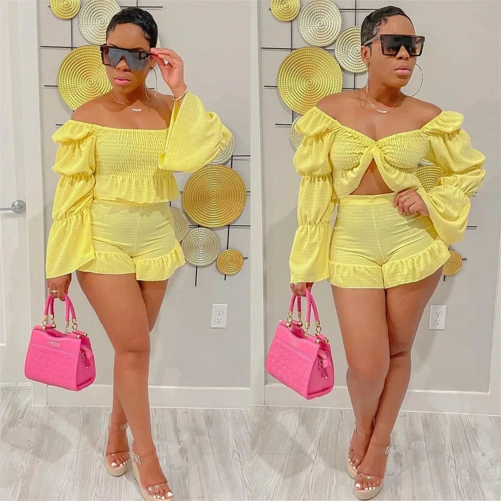 M / Yellow Top Selling Trending Products 2023 New Arrivals 2 Piece Shorts Set Crop Tops for Women Puff Sleeve Cute Women Shorts Set Street