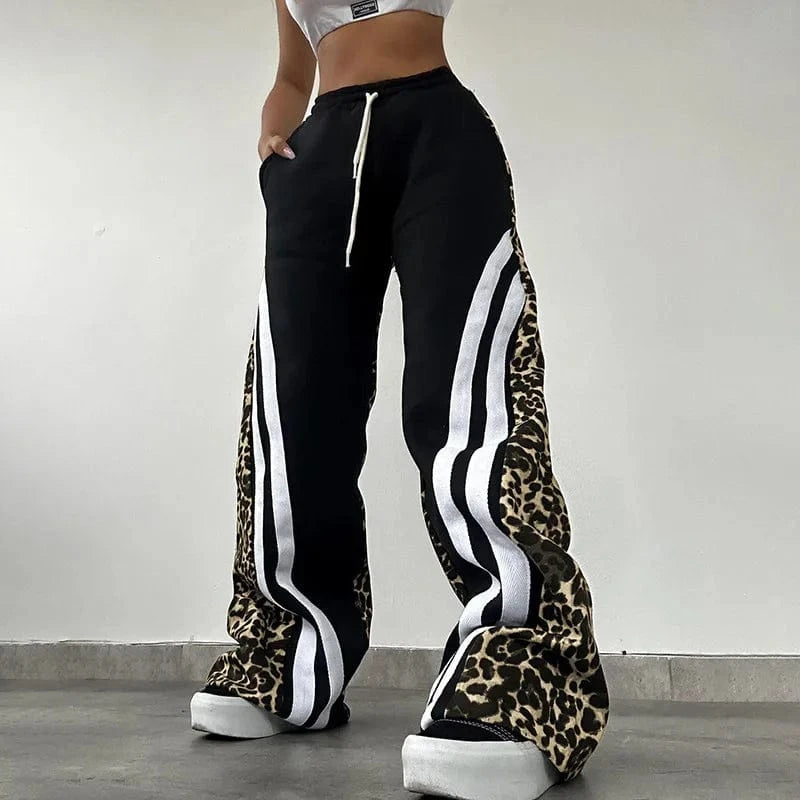 M / Z903PT01 Black Bomblook Z903PT01 2024 Autumn New Street Trendy Leopard Print Stripe Color blocked High Waist Loose Pants for Women
