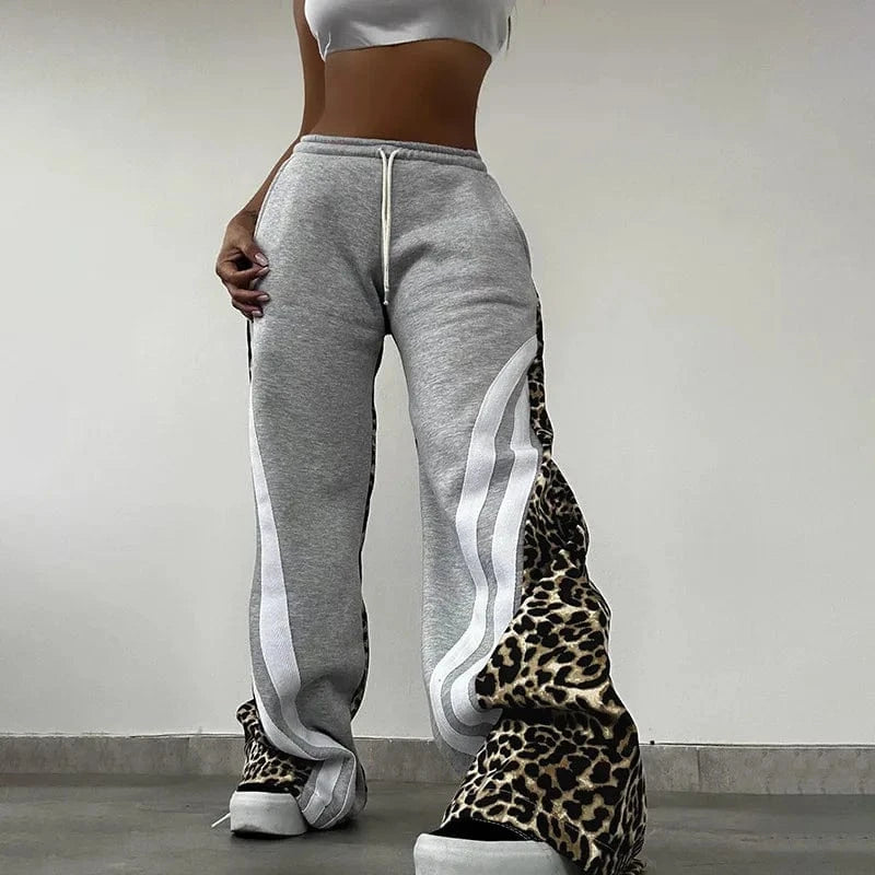 M / Z903PT01 Gray Bomblook Z903PT01 2024 Autumn New Street Trendy Leopard Print Stripe Color blocked High Waist Loose Pants for Women
