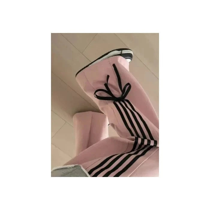 M / Z915ST02 Pink pants Bomblook Z915ST02 Street Sports Bow Striped Jacket Stand Collar Women's Slim Fit Zipper Jacket+Pants Bow Pants 2 Piece Set