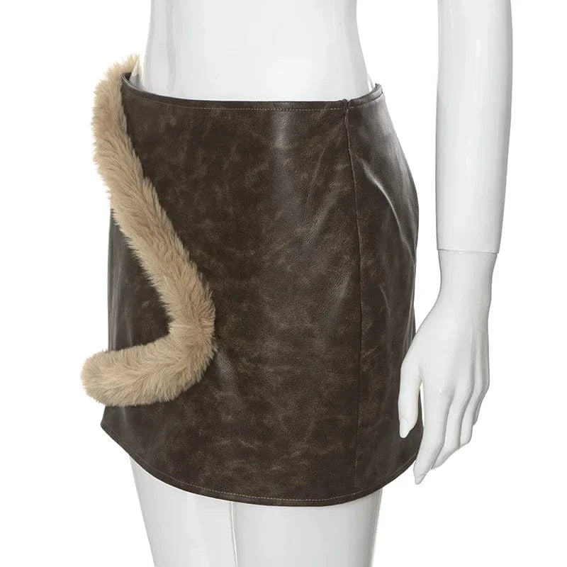 M23sk642 New 2024 Winter British Style Patchwork Fur High Waist Short Skirt Bodycon Casual Outfit Fashion Skirt For Women