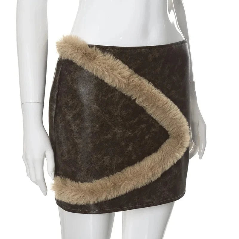 M23sk642 New 2024 Winter British Style Patchwork Fur High Waist Short Skirt Bodycon Casual Outfit Fashion Skirt For Women