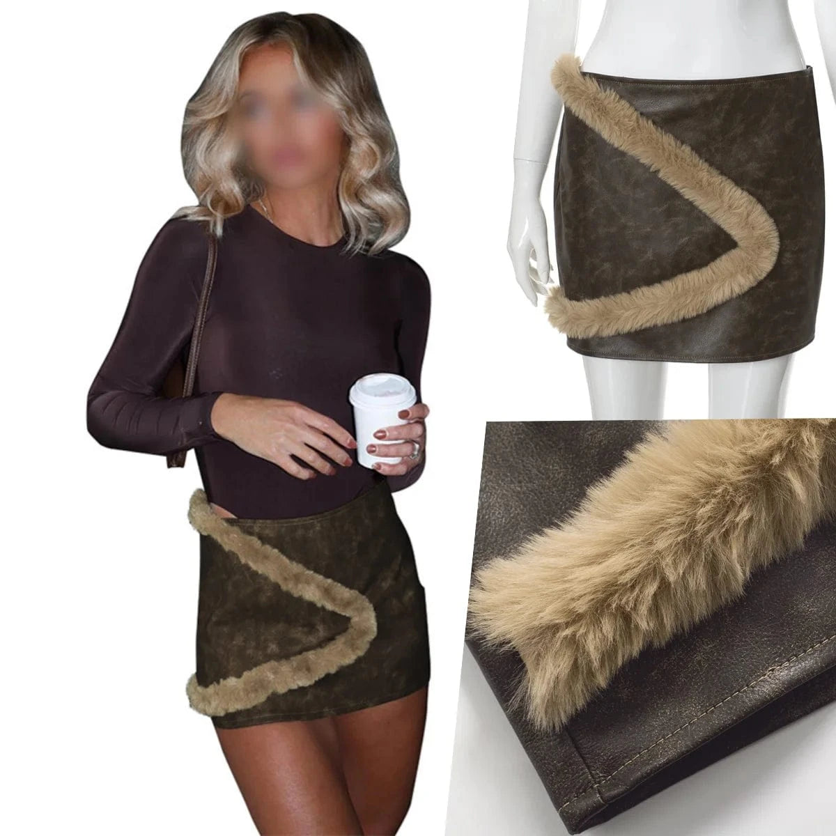 M23sk642 New 2024 Winter British Style Patchwork Fur High Waist Short Skirt Bodycon Casual Outfit Fashion Skirt For Women