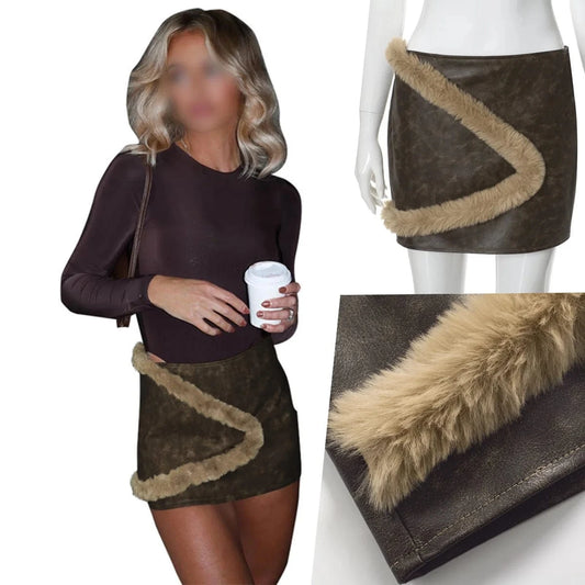M23sk642 New 2024 Winter British Style Patchwork Fur High Waist Short Skirt Bodycon Casual Outfit Fashion Skirt For Women