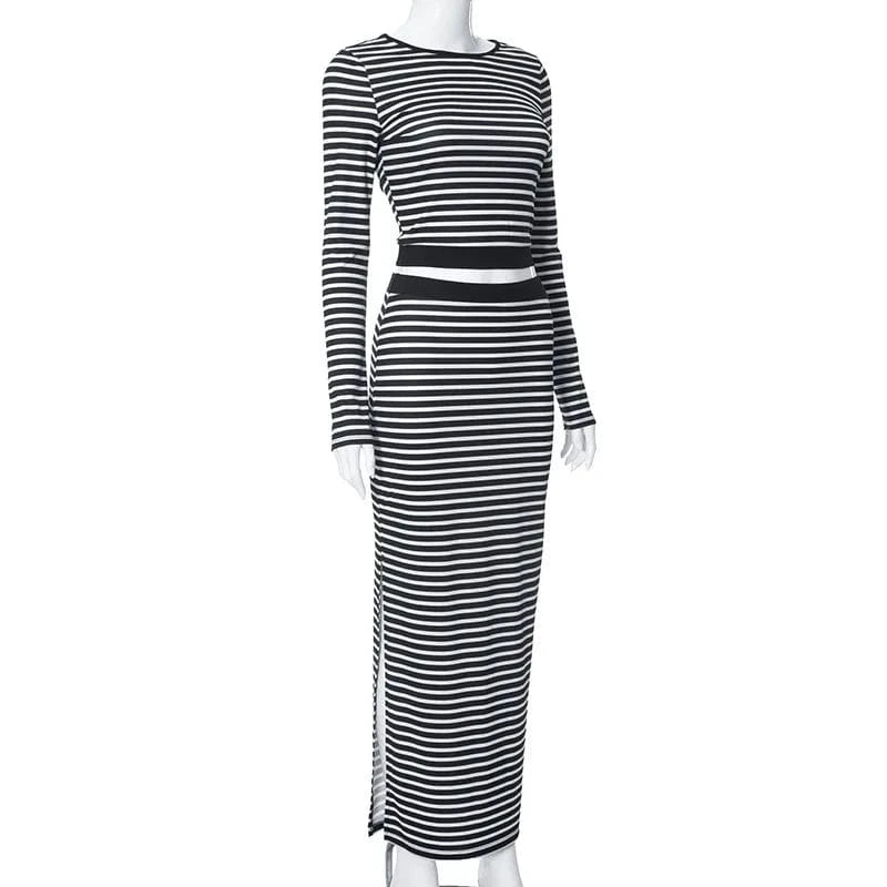 M23st59 Fall Winter 2024 New Striped Print Backless Long Sleeve Crop Top And Split Skirt 2 Piece Set Bodycon Women's