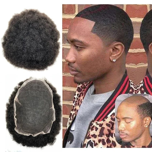 Man's Wig Breath Well African American 6 4 8 mm Hairpieces Natural Black 1B Short Afro Kinky Curly Full Lace Human Hair Toupee