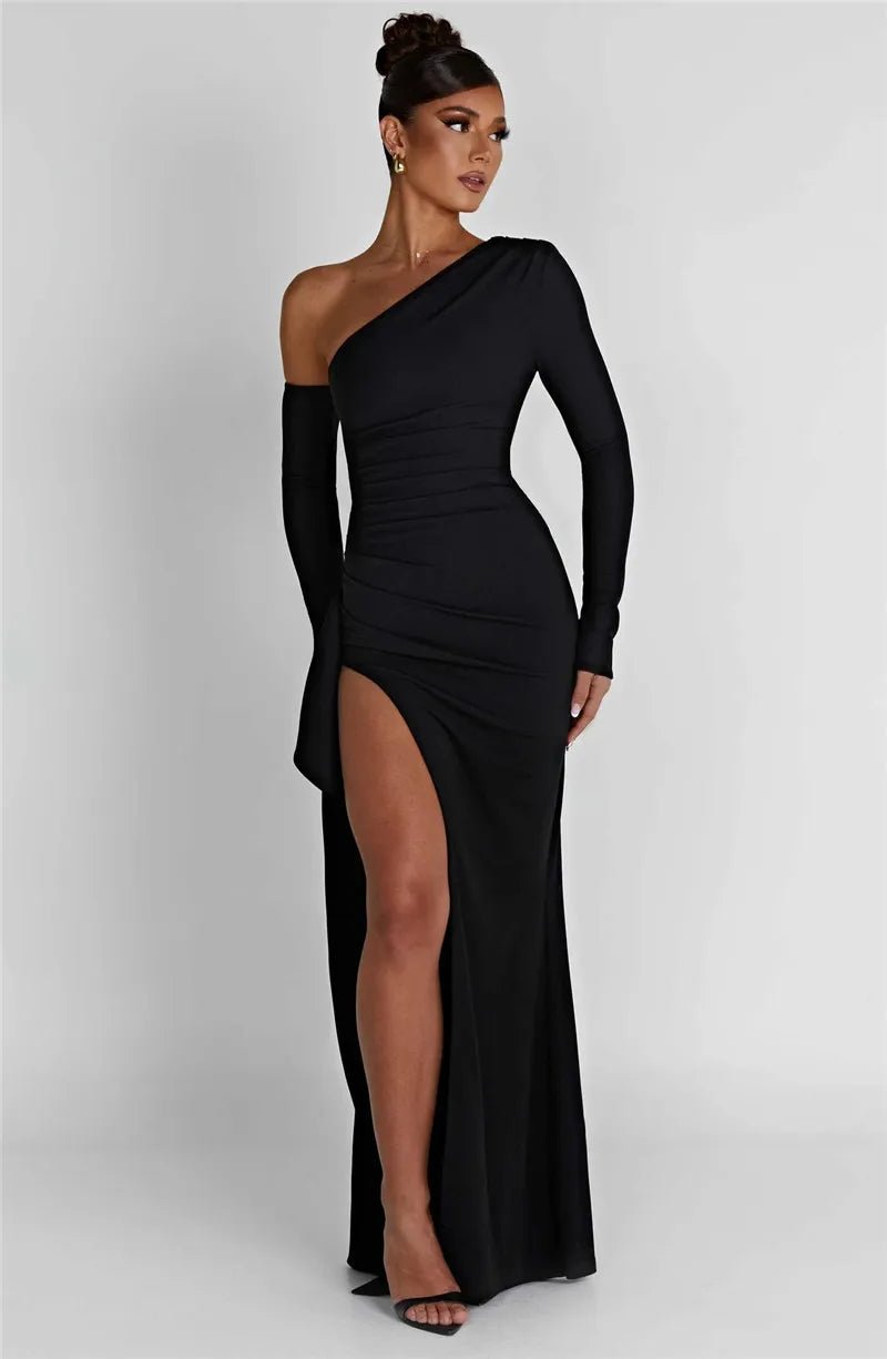 Maxi Dress Backless One Shoulder Thigh High Split Slim Fit Bodycon Club Party Style - SN Wigs & More