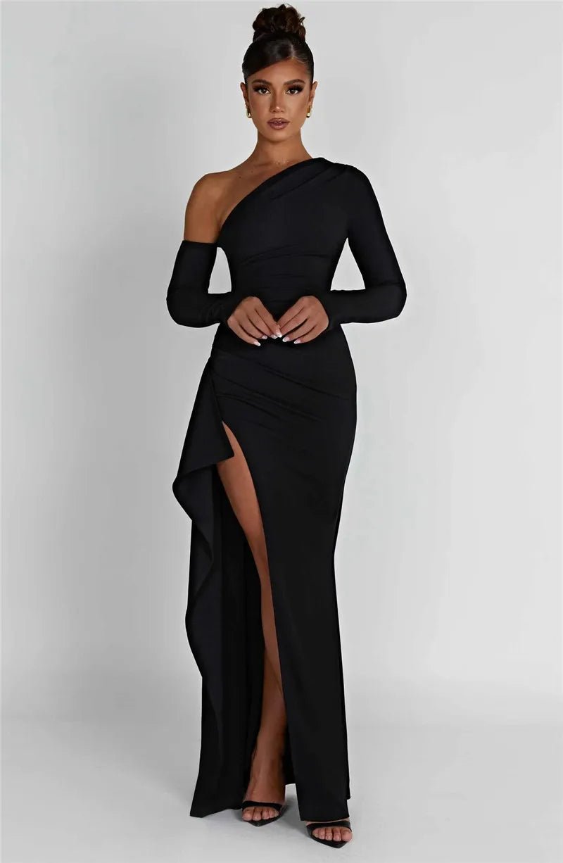 Maxi Dress Backless One Shoulder Thigh High Split Slim Fit Bodycon Club Party Style - SN Wigs & More