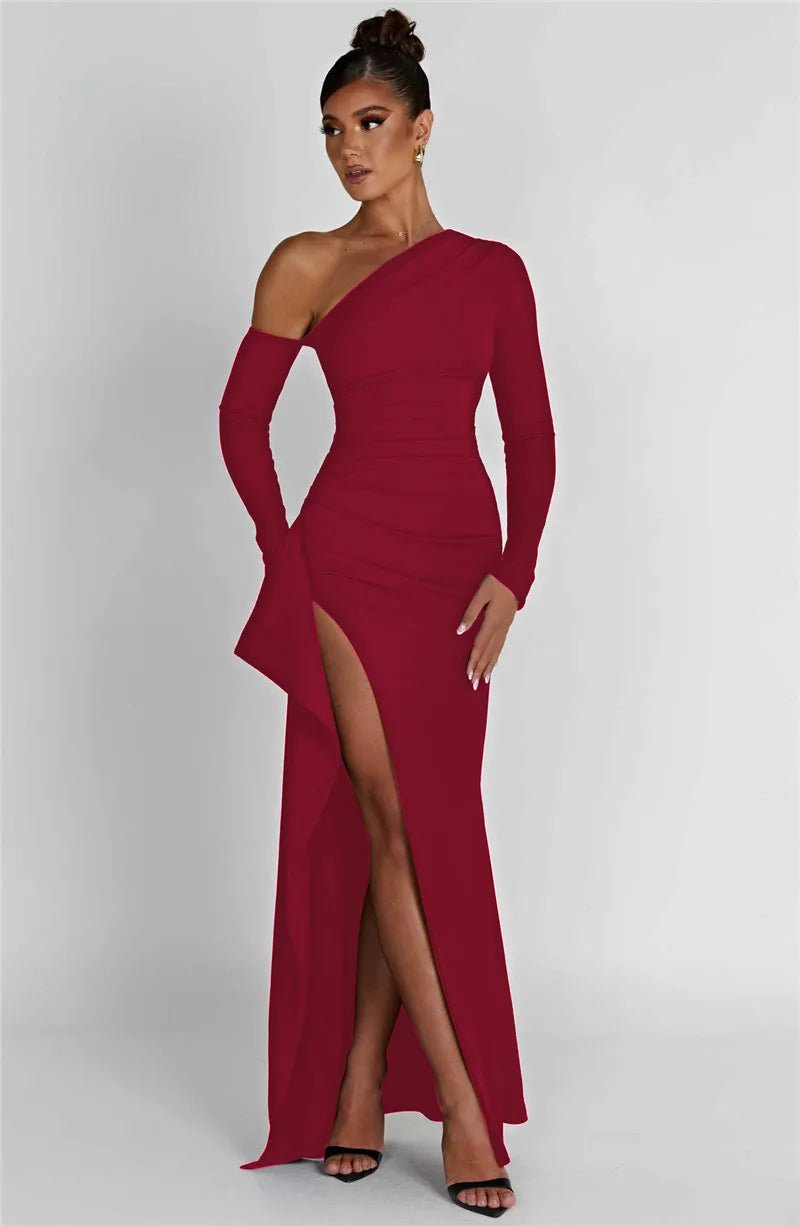 Maxi Dress Backless One Shoulder Thigh High Split Slim Fit Bodycon Club Party Style - SN Wigs & More