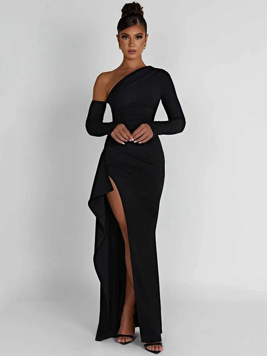Maxi Dress Backless One Shoulder Thigh High Split Slim Fit Bodycon Club Party Style - SN Wigs & More