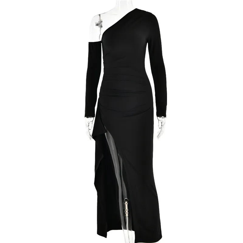 Maxi Dress Backless One Shoulder Thigh High Split Slim Fit Bodycon Club Party Style - SN Wigs & More
