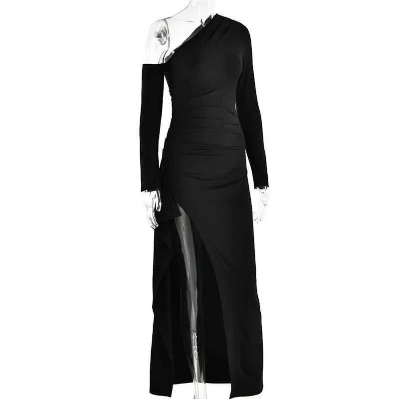 Maxi Dress Backless One Shoulder Thigh High Split Slim Fit Bodycon Club Party Style - SN Wigs & More