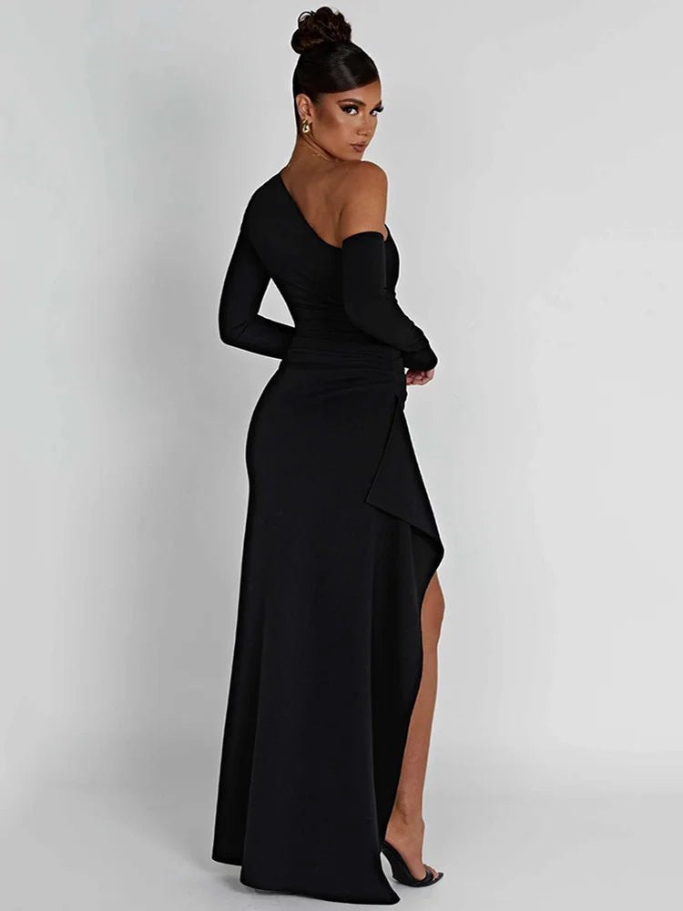 Maxi Dress Backless One Shoulder Thigh High Split Slim Fit Bodycon Club Party Style - SN Wigs & More