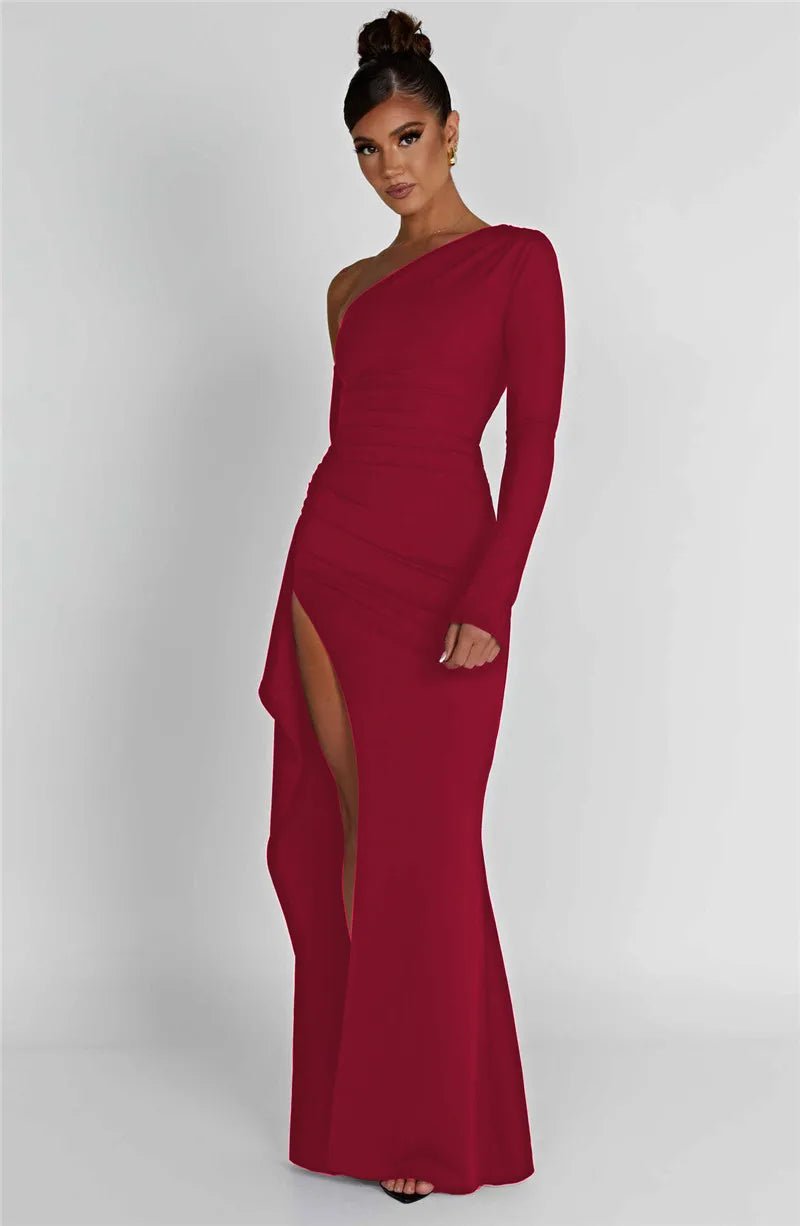 Maxi Dress Backless One Shoulder Thigh High Split Slim Fit Bodycon Club Party Style - SN Wigs & More