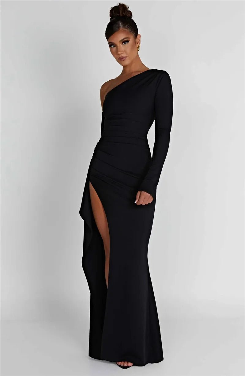 Maxi Dress Backless One Shoulder Thigh High Split Slim Fit Bodycon Club Party Style - SN Wigs & More