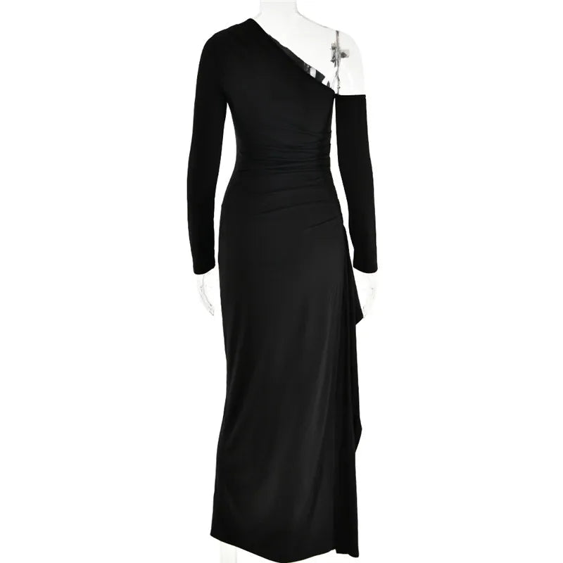 Maxi Dress Backless One Shoulder Thigh High Split Slim Fit Bodycon Club Party Style - SN Wigs & More