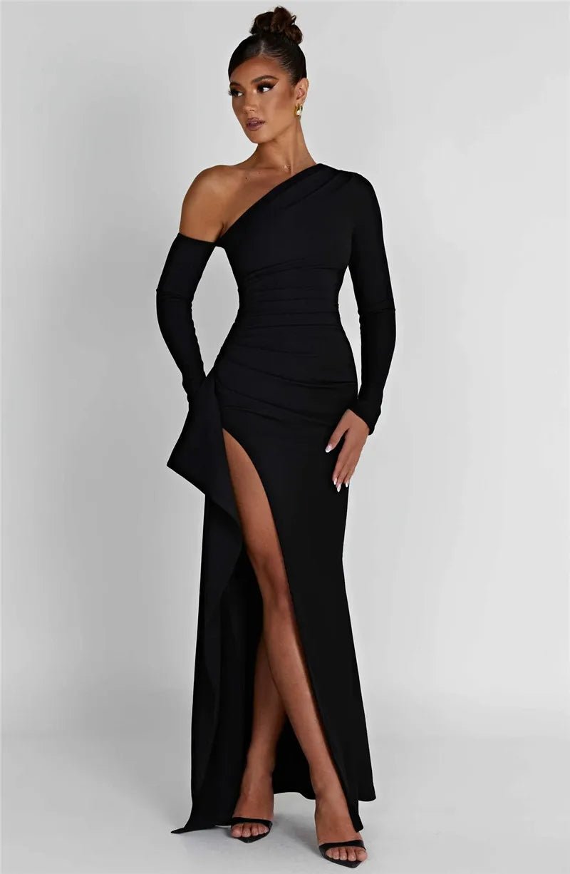Maxi Dress Backless One Shoulder Thigh High Split Slim Fit Bodycon Club Party Style - SN Wigs & More