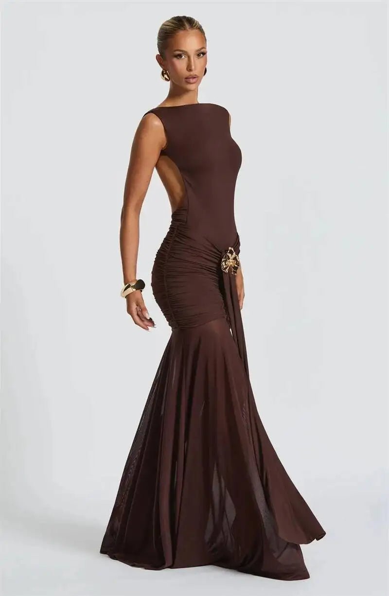 Maxi Dress Backless Ruched Bodycon Sleeveless Elegant Club Party Evening Gown Glam - SN Wigs & More