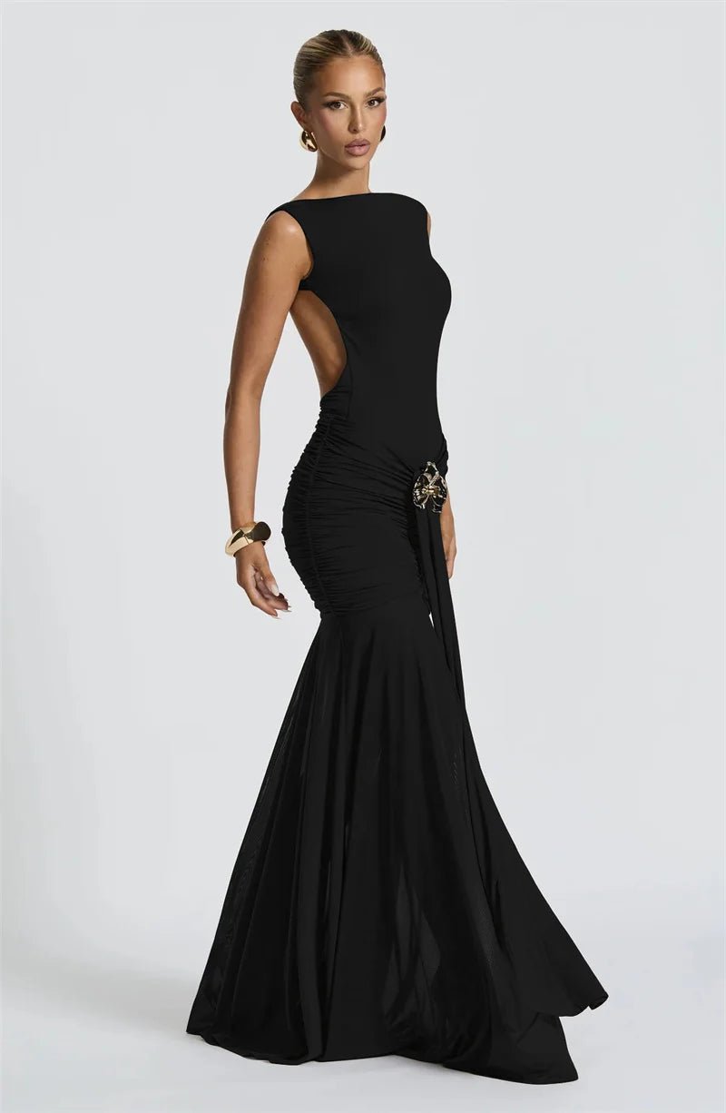 Maxi Dress Backless Ruched Bodycon Sleeveless Elegant Club Party Evening Gown Glam - SN Wigs & More
