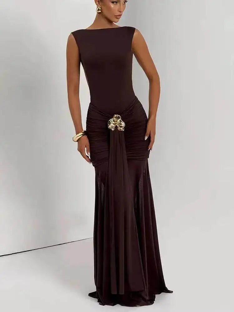 Maxi Dress Backless Ruched Bodycon Sleeveless Elegant Club Party Evening Gown Glam - SN Wigs & More
