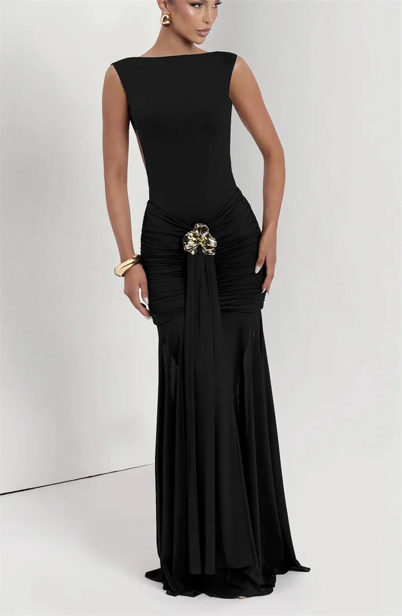 Maxi Dress Backless Ruched Bodycon Sleeveless Elegant Club Party Evening Gown Glam - SN Wigs & More