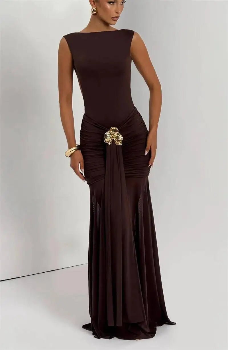 Maxi Dress Backless Ruched Bodycon Sleeveless Elegant Club Party Evening Gown Glam - SN Wigs & More