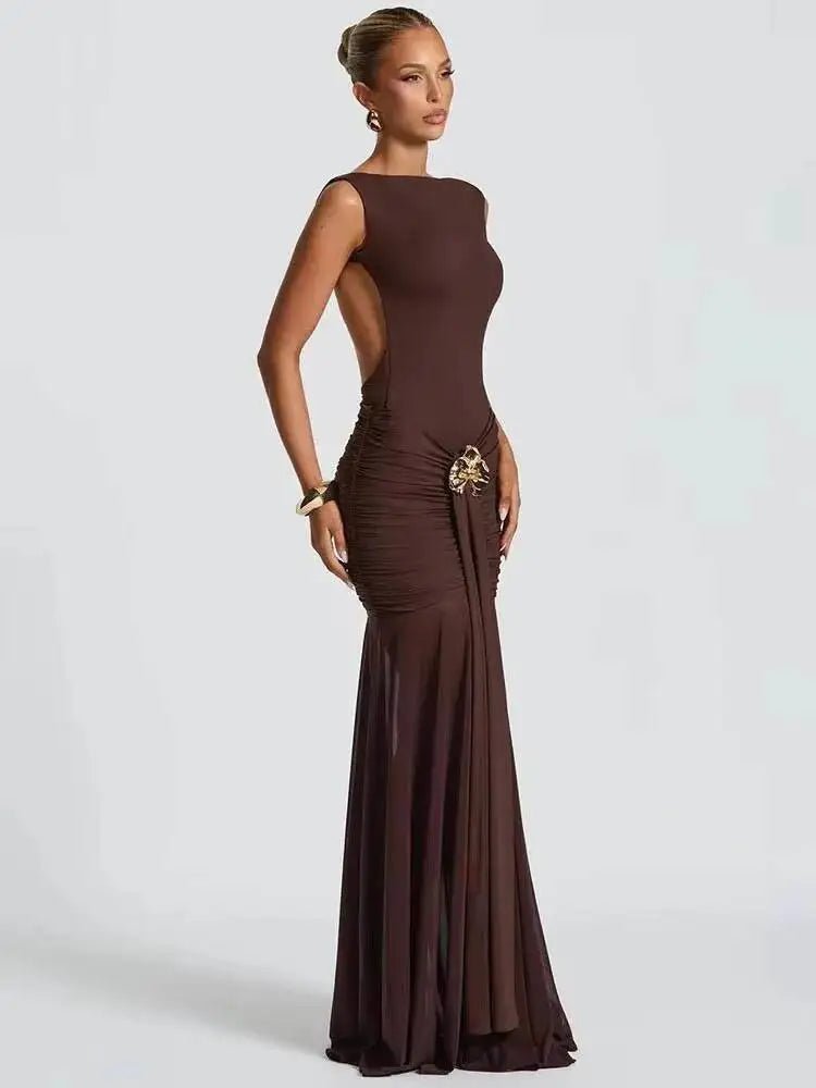 Maxi Dress Backless Ruched Bodycon Sleeveless Elegant Club Party Evening Gown Glam - SN Wigs & More