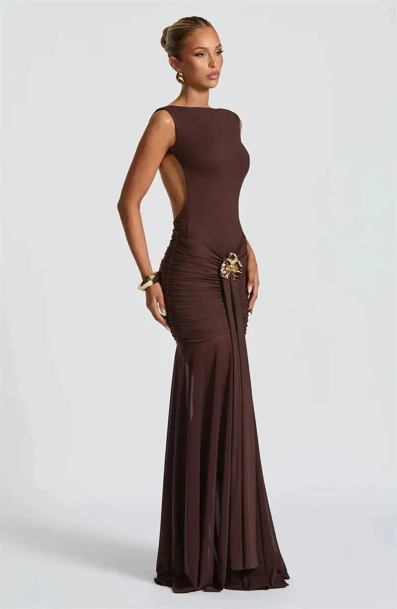 Maxi Dress Backless Ruched Bodycon Sleeveless Elegant Club Party Evening Gown Glam - SN Wigs & More
