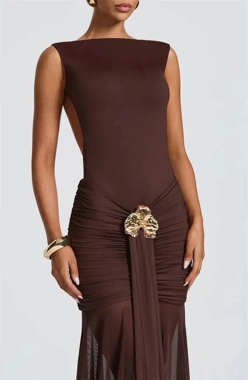 Maxi Dress Backless Ruched Bodycon Sleeveless Elegant Club Party Evening Gown Glam - SN Wigs & More