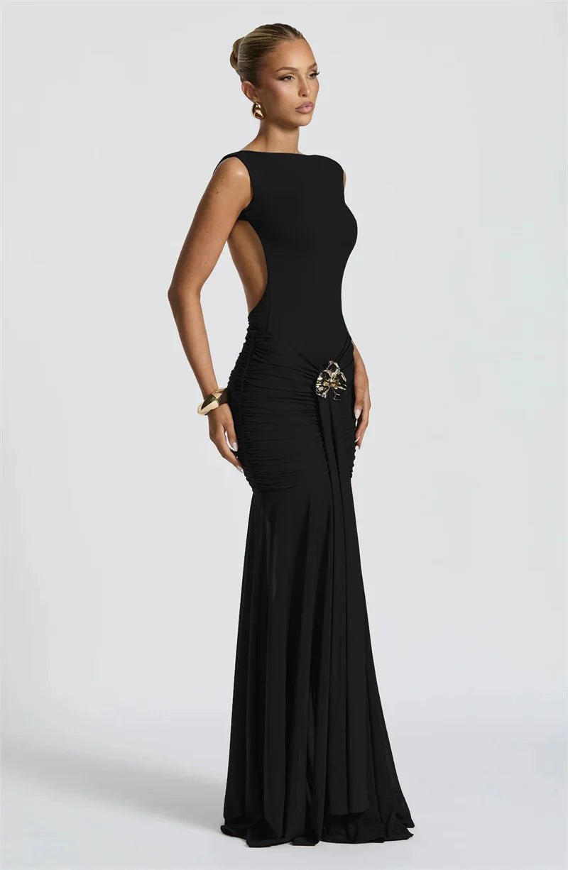 Maxi Dress Backless Ruched Bodycon Sleeveless Elegant Club Party Evening Gown Glam - SN Wigs & More