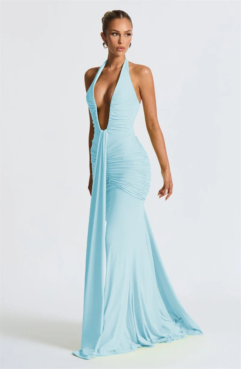 Maxi Dress Deep V Neck Draped Ruched Halter Backless For Club And Evening Wear Elegant Style - SN Wigs & More