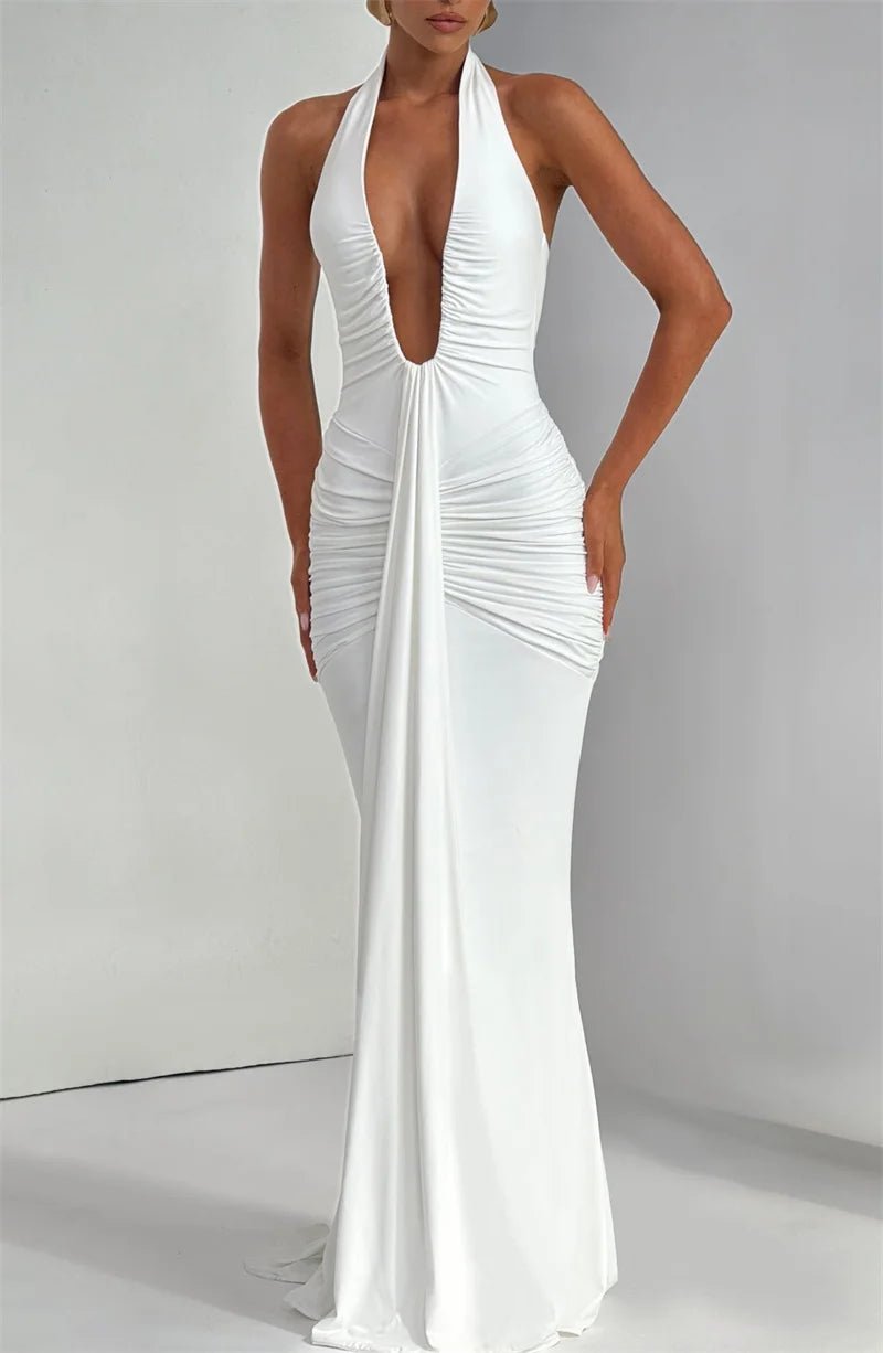 Maxi Dress Deep V Neck Draped Ruched Halter Backless For Club And Evening Wear Elegant Style - SN Wigs & More
