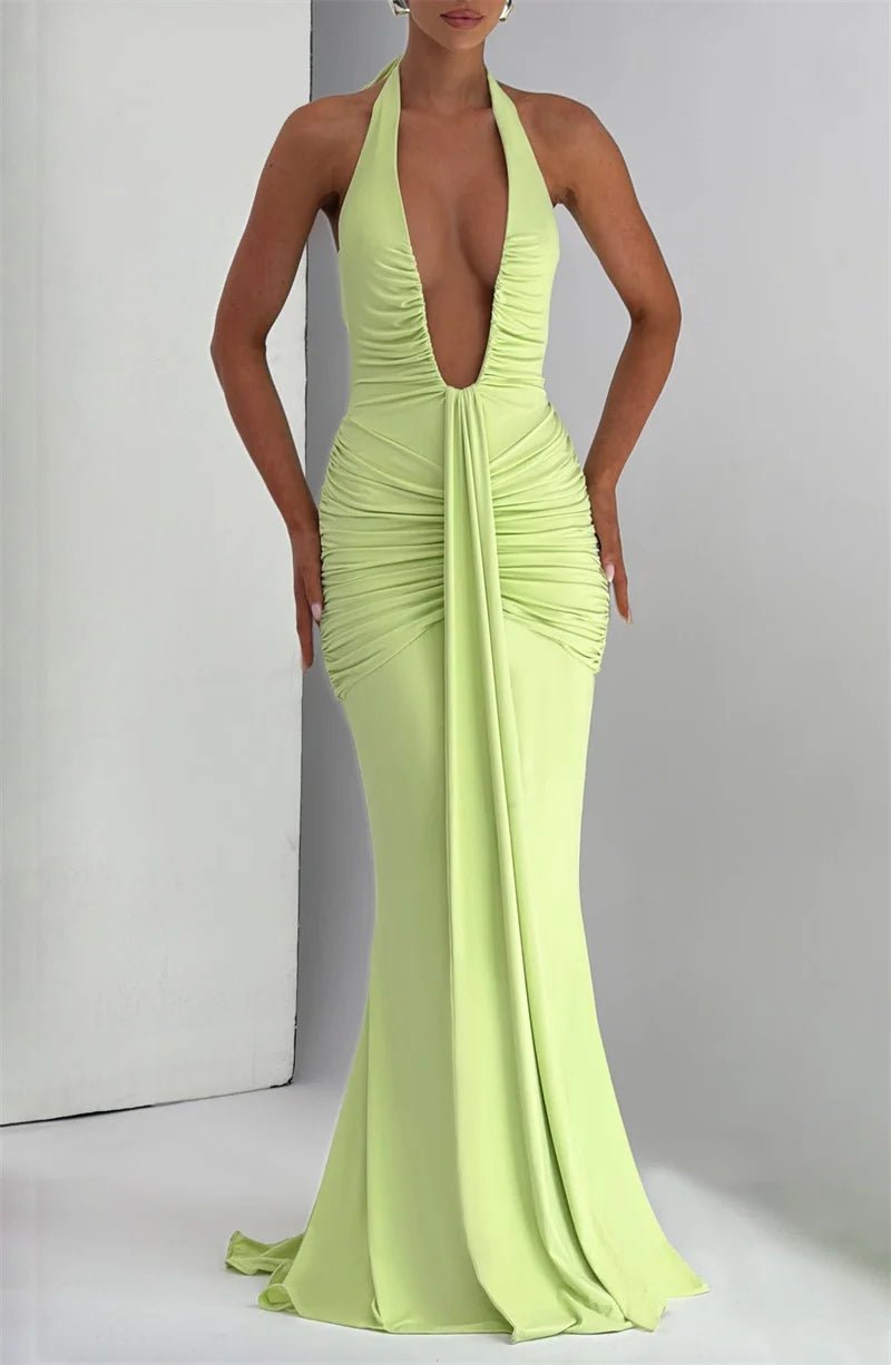 Maxi Dress Deep V Neck Draped Ruched Halter Backless For Club And Evening Wear Elegant Style - SN Wigs & More