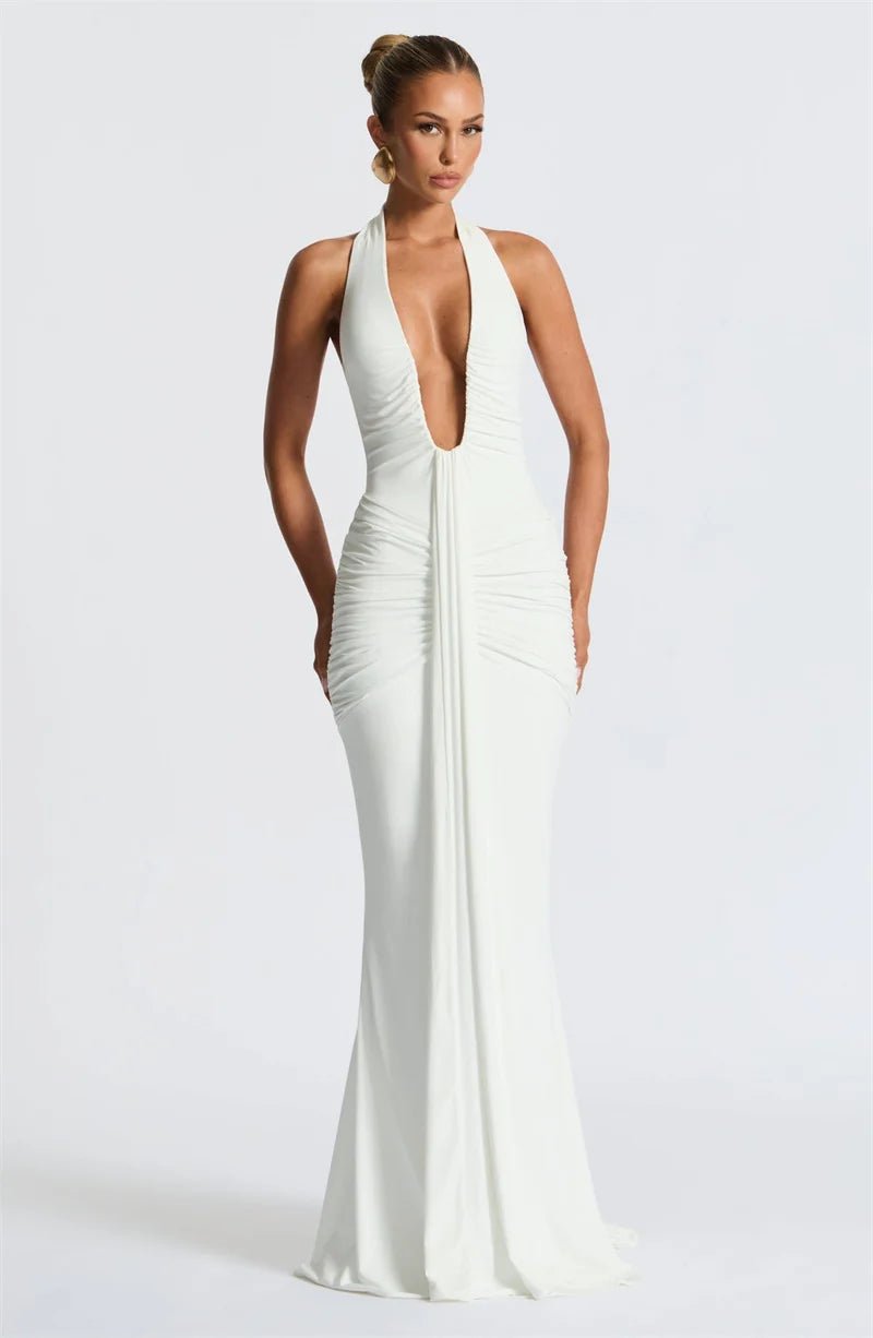 Maxi Dress Deep V Neck Draped Ruched Halter Backless For Club And Evening Wear Elegant Style - SN Wigs & More