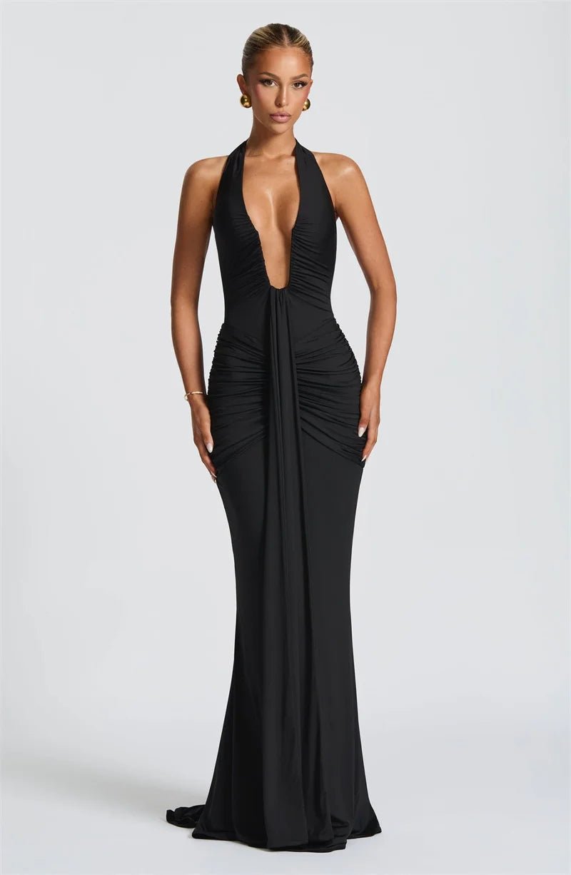Maxi Dress Deep V Neck Draped Ruched Halter Backless For Club And Evening Wear Elegant Style - SN Wigs & More