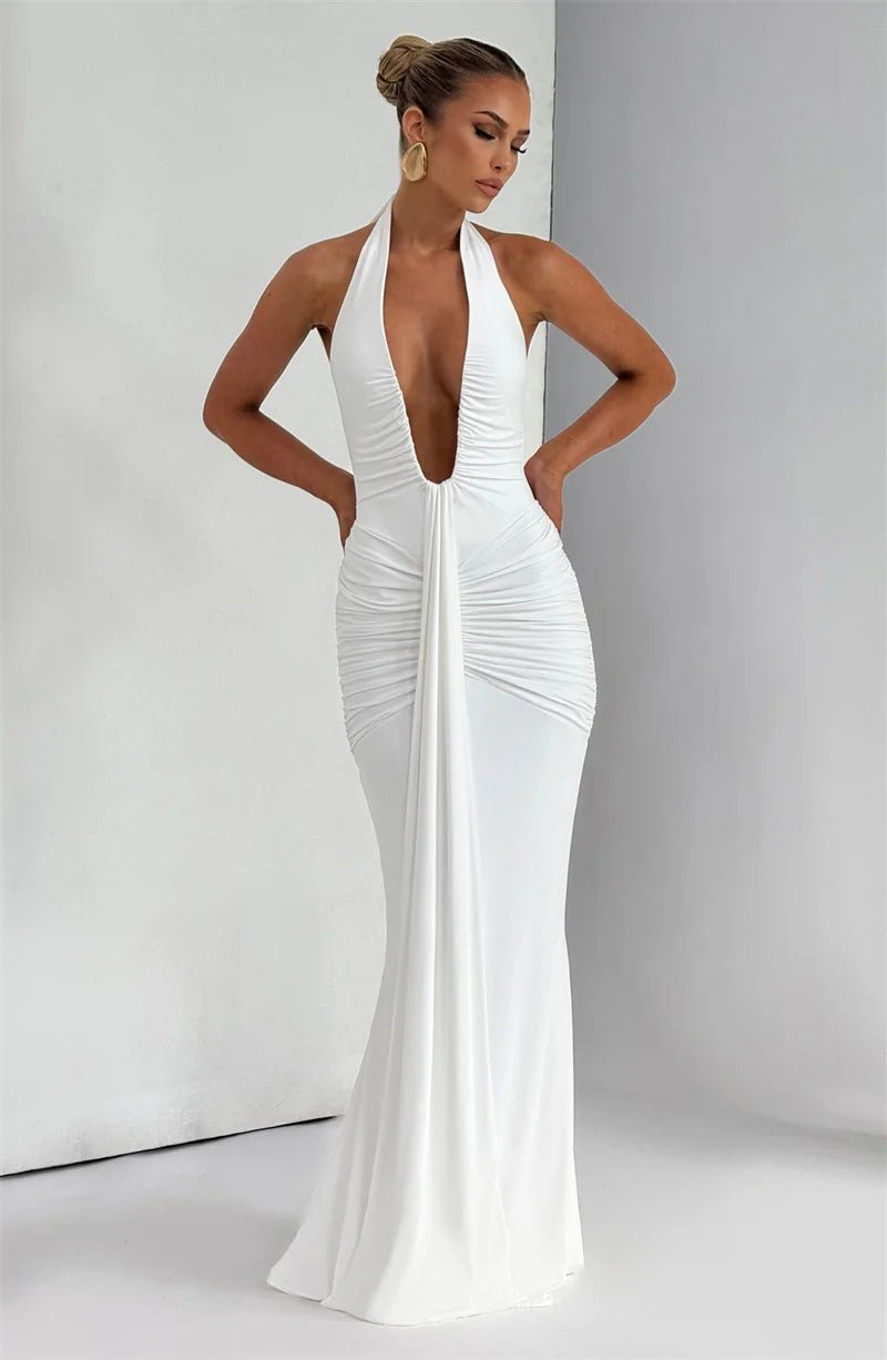 Maxi Dress Deep V Neck Draped Ruched Halter Backless For Club And Evening Wear Elegant Style - SN Wigs & More