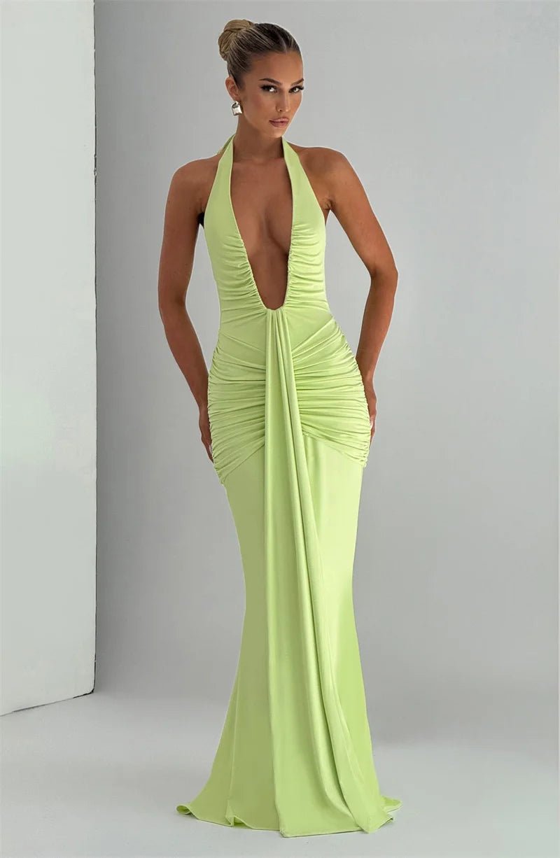 Maxi Dress Deep V Neck Draped Ruched Halter Backless For Club And Evening Wear Elegant Style - SN Wigs & More