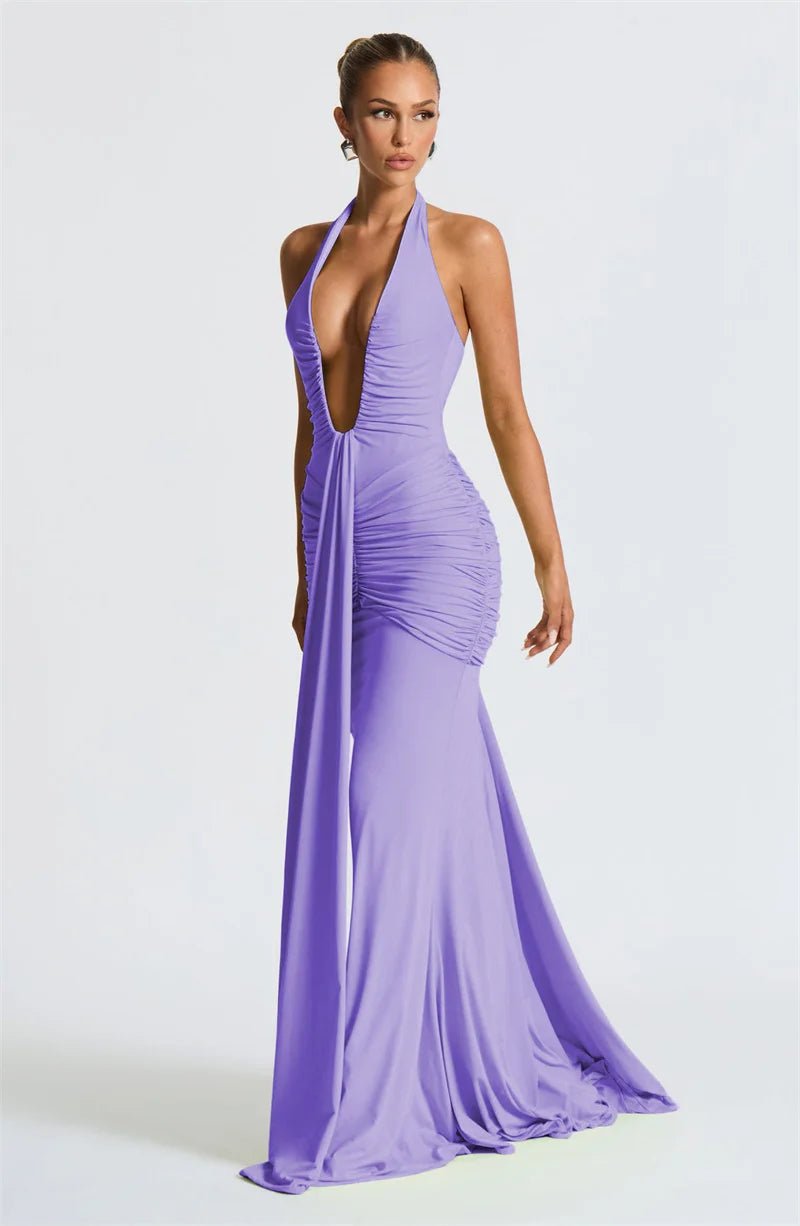 Maxi Dress Deep V Neck Draped Ruched Halter Backless For Club And Evening Wear Elegant Style - SN Wigs & More