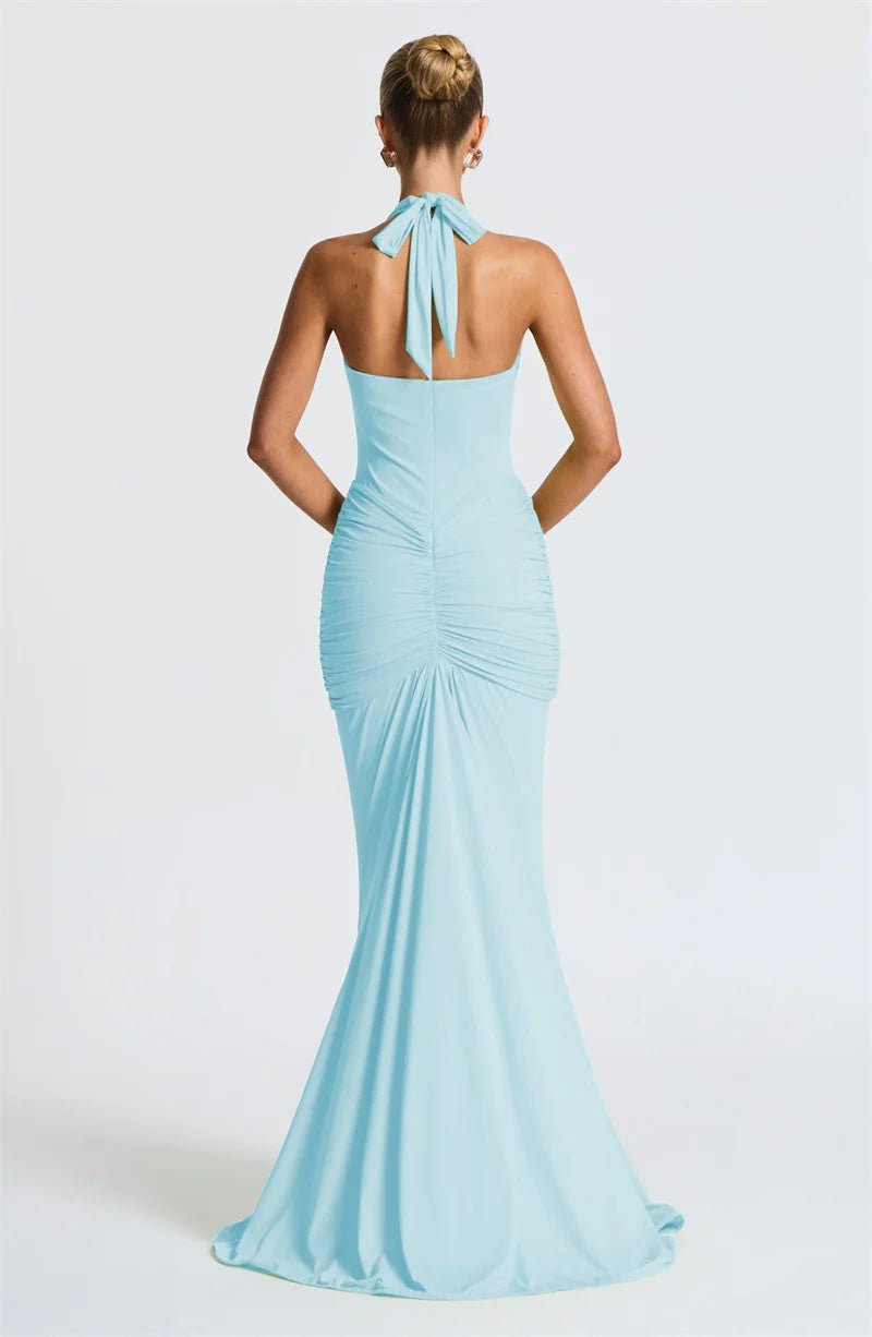 Maxi Dress Deep V Neck Draped Ruched Halter Backless For Club And Evening Wear Elegant Style - SN Wigs & More