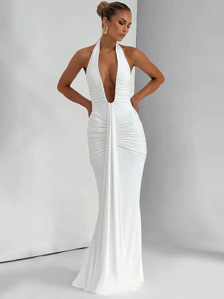 Maxi Dress Deep V Neck Draped Ruched Halter Backless For Club And Evening Wear Elegant Style - SN Wigs & More