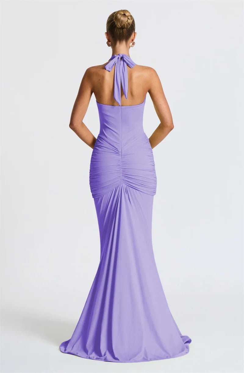 Maxi Dress Deep V Neck Draped Ruched Halter Backless For Club And Evening Wear Elegant Style - SN Wigs & More