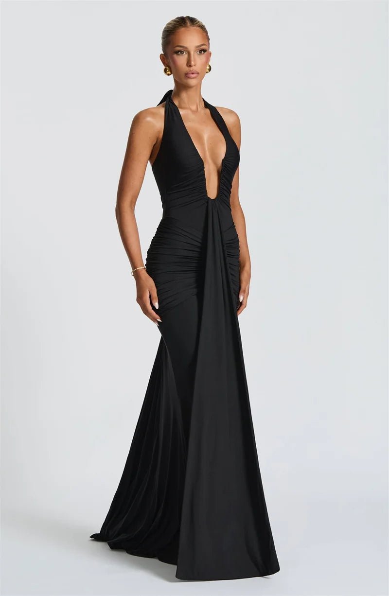 Maxi Dress Deep V Neck Draped Ruched Halter Backless For Club And Evening Wear Elegant Style - SN Wigs & More