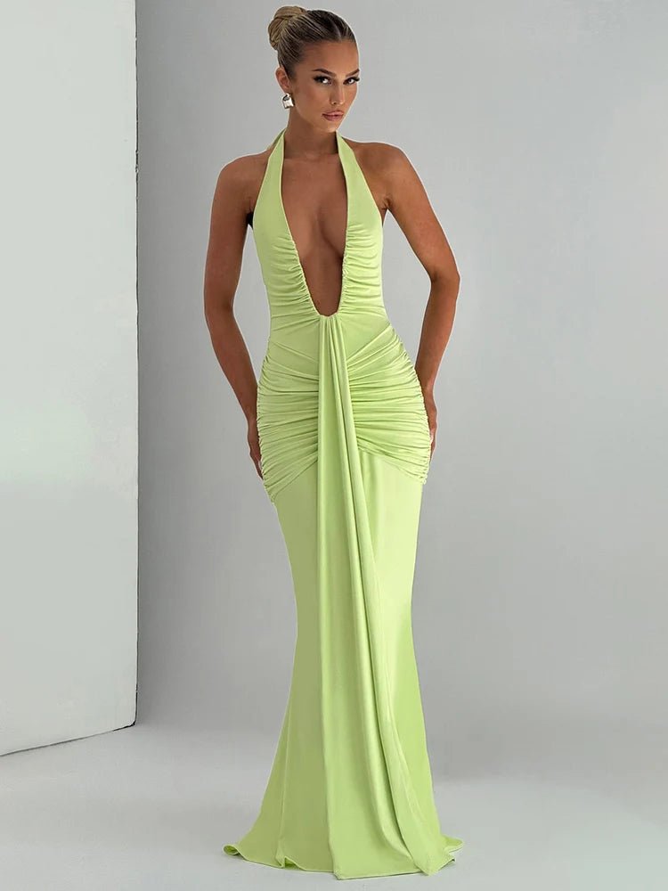 Maxi Dress Deep V Neck Draped Ruched Halter Backless For Club And Evening Wear Elegant Style - SN Wigs & More