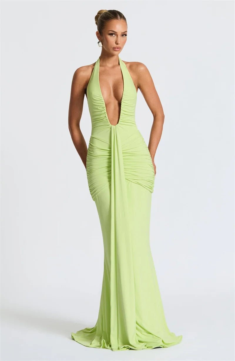 Maxi Dress Deep V Neck Draped Ruched Halter Backless For Club And Evening Wear Elegant Style - SN Wigs & More