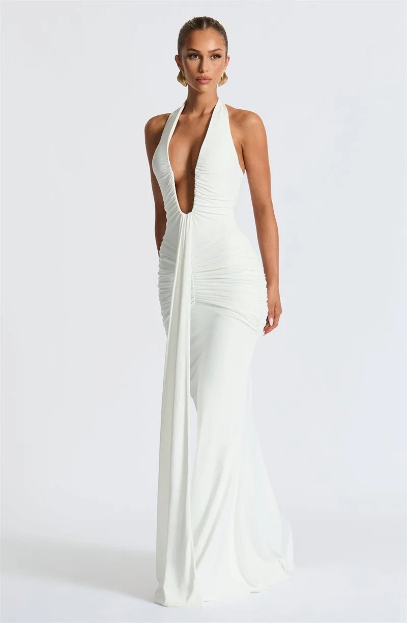 Maxi Dress Deep V Neck Draped Ruched Halter Backless For Club And Evening Wear Elegant Style - SN Wigs & More