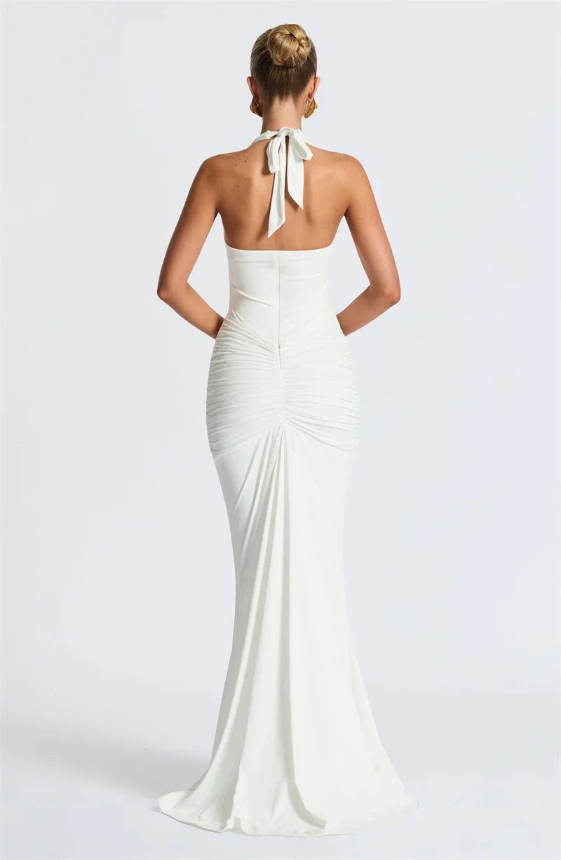 Maxi Dress Deep V Neck Draped Ruched Halter Backless For Club And Evening Wear Elegant Style - SN Wigs & More