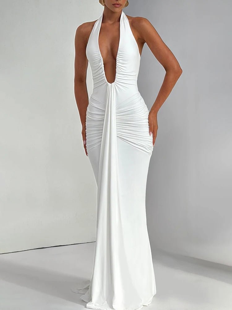Maxi Dress Deep V Neck Draped Ruched Halter Backless For Club And Evening Wear Elegant Style - SN Wigs & More