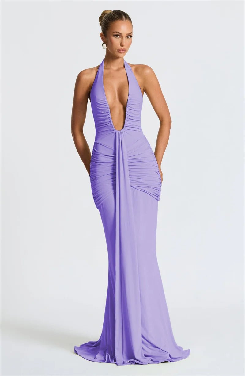 Maxi Dress Deep V Neck Draped Ruched Halter Backless For Club And Evening Wear Elegant Style - SN Wigs & More